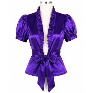 Y2K Sharon Purple Satin Puff Sleeve Tie Front Blouse
